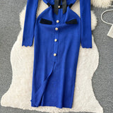 SINGREINY Office Lady Sweater Long Dress 2023 Bow Single Breasted Elastic Split Women Autumn Dress Fashion Senior Knitted Dress