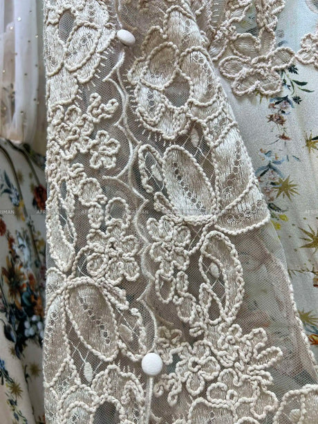 Women V Neck Lace Embroidery Patchwork Silk Floral Print Lantern Sleeve A-line Maxi Long Dress - Lootquake