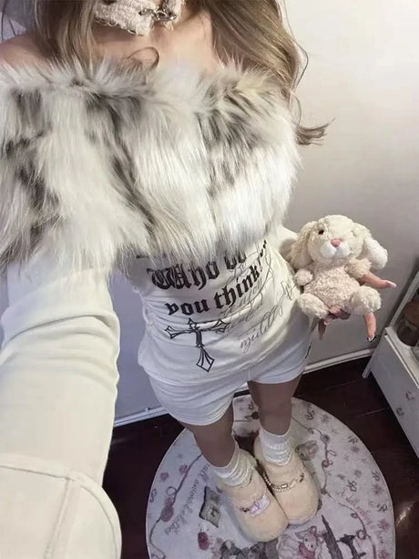 Y2k Emo Women Korean Streetwear Japanese Fur Collar Tops Off Shoulder Long Sleeve Aesthetics Letter T-shirt 2000s Alt Clothes - Lootquake