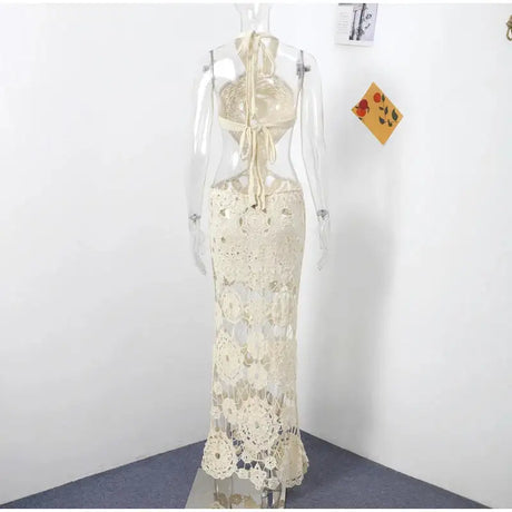Fashion Hollow Out Halter Maxi Dress For Women 2024 Sexy Sleeveless Backless Long Dress Holiday Hook Flower Knitted Beach Robe - Lootquake