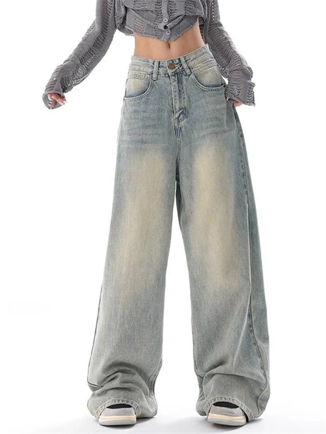 Women's American Vintage Washed Thin Jeans Street Casual Neutral Style Blue Denim Trousers Female High Waist Straight Pants - Lootquake