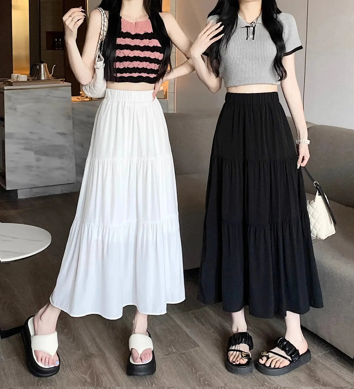 Spring 2024 New Women's Petite Black Umbrella Skirt High-waisted A- line White Dress Long Dress Drape Sense - Lootquake