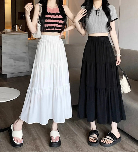 Spring 2024 New Women's Petite Black Umbrella Skirt High-waisted A- line White Dress Long Dress Drape Sense - Lootquake
