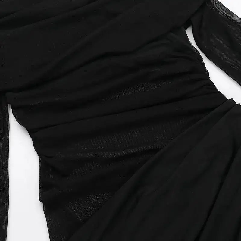 BOOFEENAA Vestido largo negro de malla transparente con patchwork, otoño 2024, sexy, elegante, con hombros descubiertos, manga larga, cortes, C66-EZ33