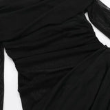 BOOFEENAA Vestido largo negro de malla transparente con patchwork, otoño 2024, sexy, elegante, con hombros descubiertos, manga larga, cortes, C66-EZ33