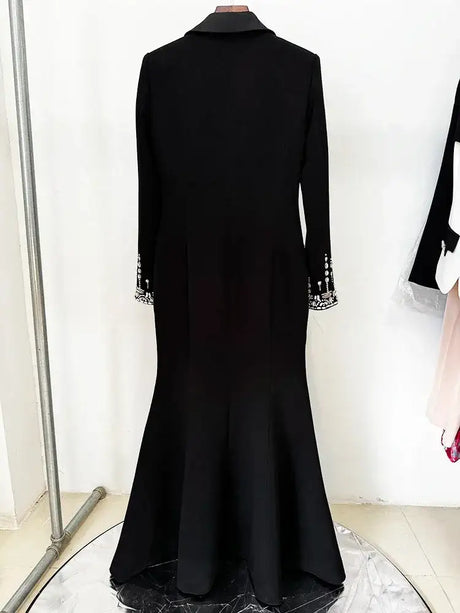 HIGH STREET Newest 2025 Designer Fashion Women's Long Sleeve Notched Collar Rhinestone Diamonds Beading Maxi Long Dress - Lootquake