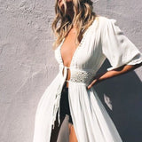 Summer Sexy Hollow Out Beach Tunic Pareo White V Neck Cover Up Long Dress Bikini Cover Up  Swimwear Bathing Suit Beachwear - Lootquake