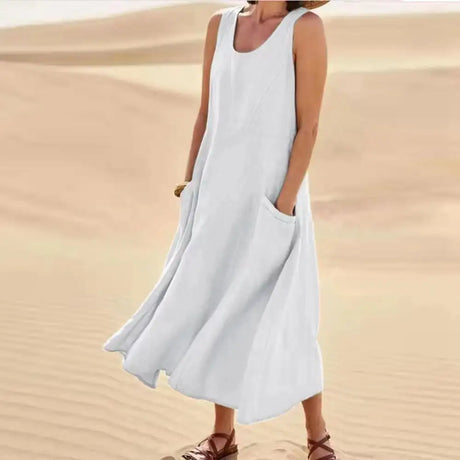 Cotton Linen Sleeveless Dress for Women Summer Pullover Skirt Vestidos Fashion Female Clothing Short Sleeved Loose Long Dress - Lootquake
