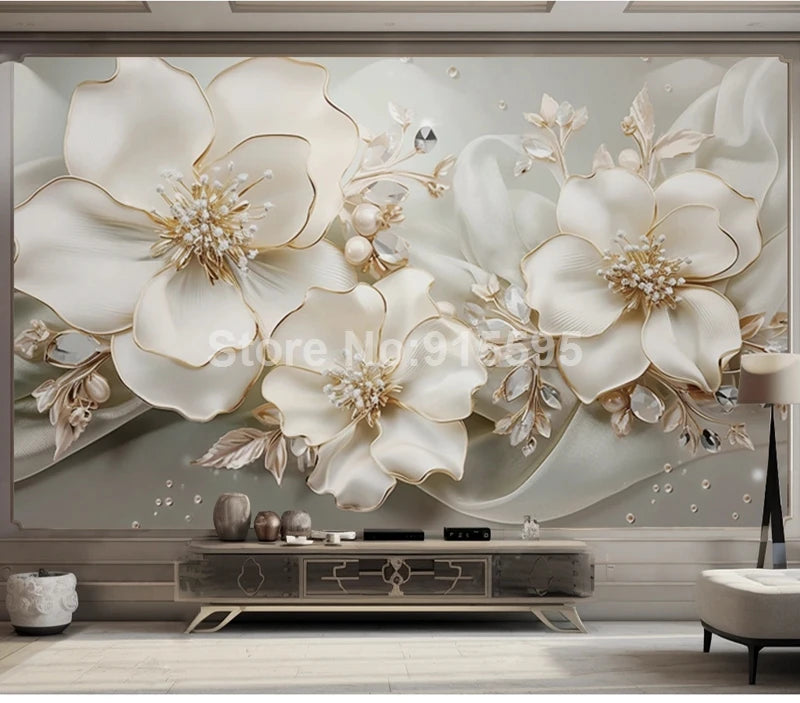 Custom Large Size Modern Wallpaper 3D Embossed Flowers Jewelry Mural Paper TV Background Wall Living Room Decor Home Improvement