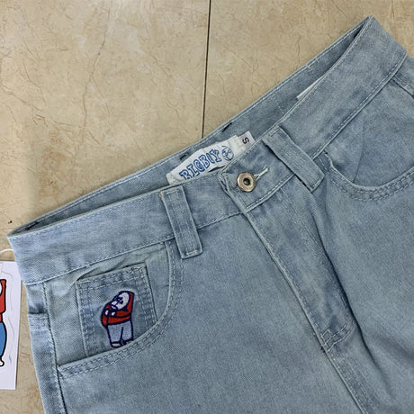 Polar Big Boy Embroidery Jeans Y2K Pants Streetwear Gothic Cartoon Blue Baggy Jeans Retro Punk Rock High Waist Denim Trousers - Lootquake