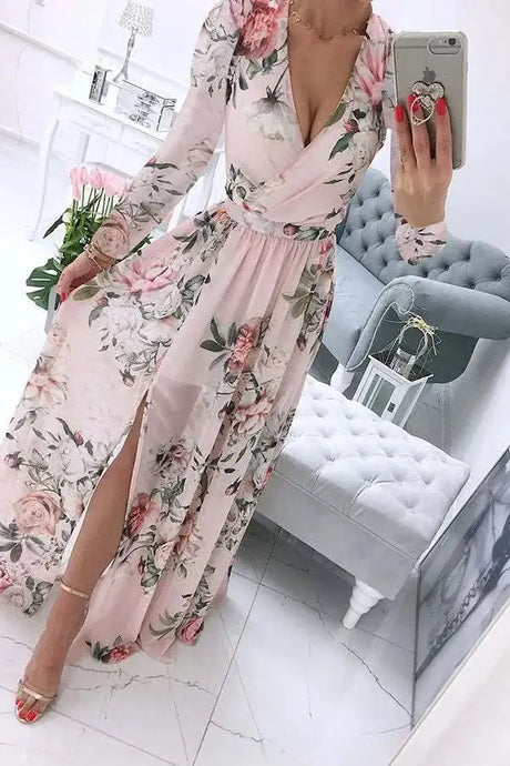 Amazon eBay Cross border 2024 Summer Chiffon Printed Long Dress V-neck Dress Long Sleeve Split Dress Women - Lootquake