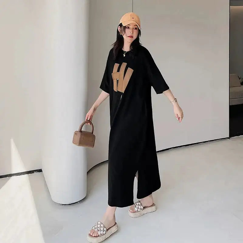 Vestido largo blanco con estampado Harajuku para mujer, ropa Y2K, informal, de manga corta y cuello redondo, moda coreana, vestidos sueltos de verano para mujer 2024