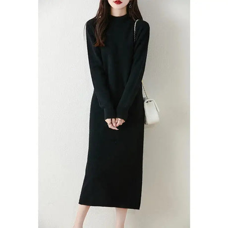 Autumn Winter Women's Wool Long Dress Cashmere Mock Neck Pullover Sweater 100% Merino Wool Soft Knitwear OL Simple Basic Dress - Lootquake