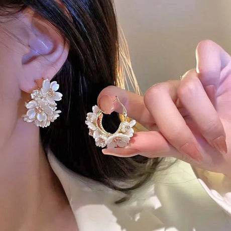 Kiss Jewelry Cute Sweet Flower Round Shape Pearl Rhinestone Stud Earrings for Women Tulip Floral Korean Fashion Earring Gift - Lootquake