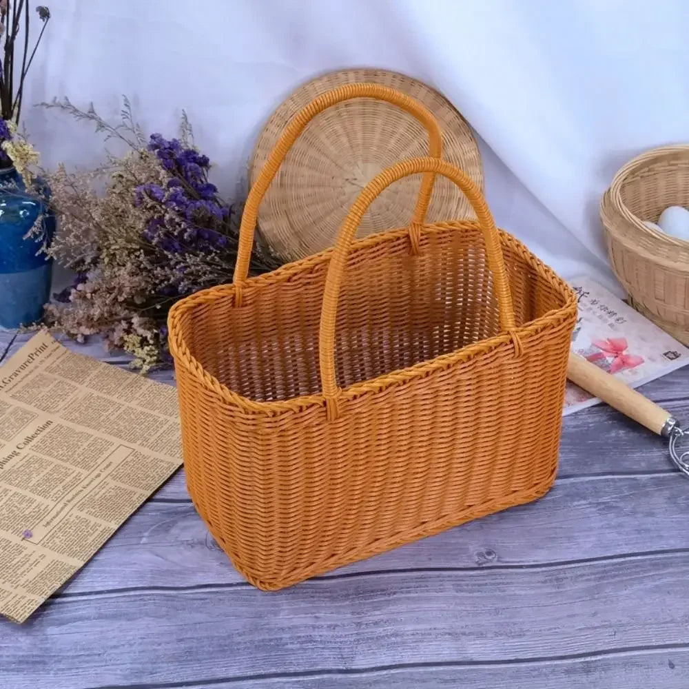 Home Storage Organizer Rattan Woven Basket With Handle Portable Picnic Basket Handwoven Rectangular Flower Basket Fruit