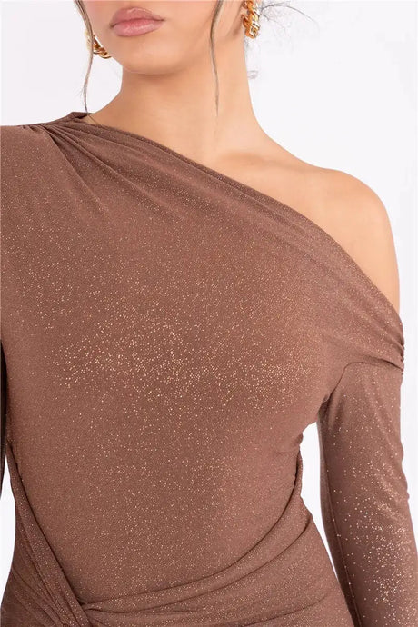 Mozision Sparkle Long Sleeve Sexy Maxi Dress For Women Inclined Shoulder Backless Bodycon Ruched Club Party Sexy Long Dress - Lootquake