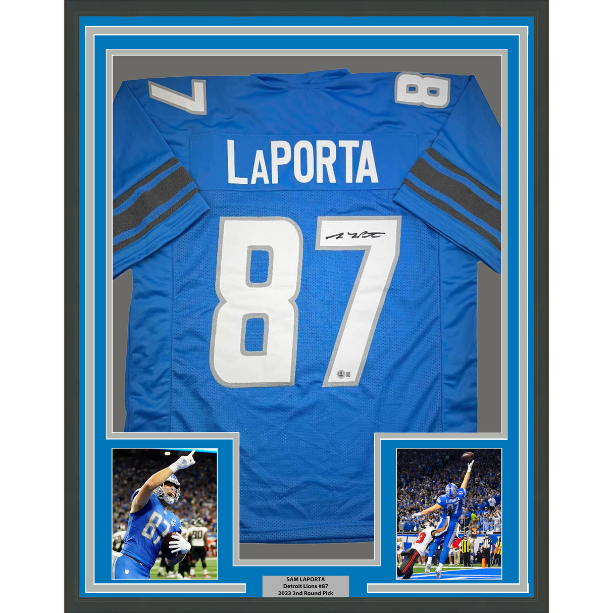 Camiseta de fútbol azul Detroit Beckett BAS COA enmarcada, autografiada y firmada por Sam LaPorta, 35 x 39