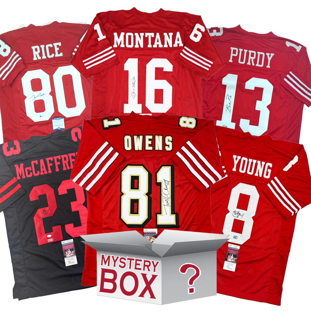 Caja misteriosa de camisetas de fútbol de San Francisco autografiadas/firmadas con PSA JSA o Beckett COA 