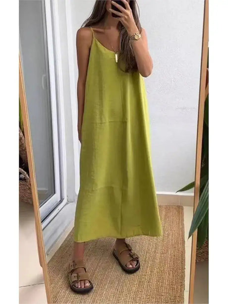Summer Loose Spaghetti Strap Dresses Women Solid Color V-neck Casual Commuting Sleeveless Long Dress Female Fashion New Vestidos - Lootquake