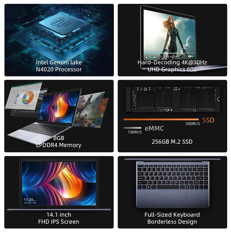 CHUWI HeroBook Pro Laptop 14.1 Inch FHD Screen Intel Celeron N4020 Dual Core UHD Graphics 600 GPU 8GB DDR4 256GB SSD Windows 11 - Lootquake