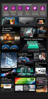 Tablettes Blackview MEGA 2 12 pouces 2K écran Widevine L1 24 Go (8 + 16) Android 15 256 Go 9000 mAh AI caméra principale Pad PC