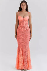 Mozision Floral Lace Sexy Maxi Dress For Women Orange Spaghetti Strap Sleeveless Backless Bodycon Club Party Long Dress Elegant - Lootquake