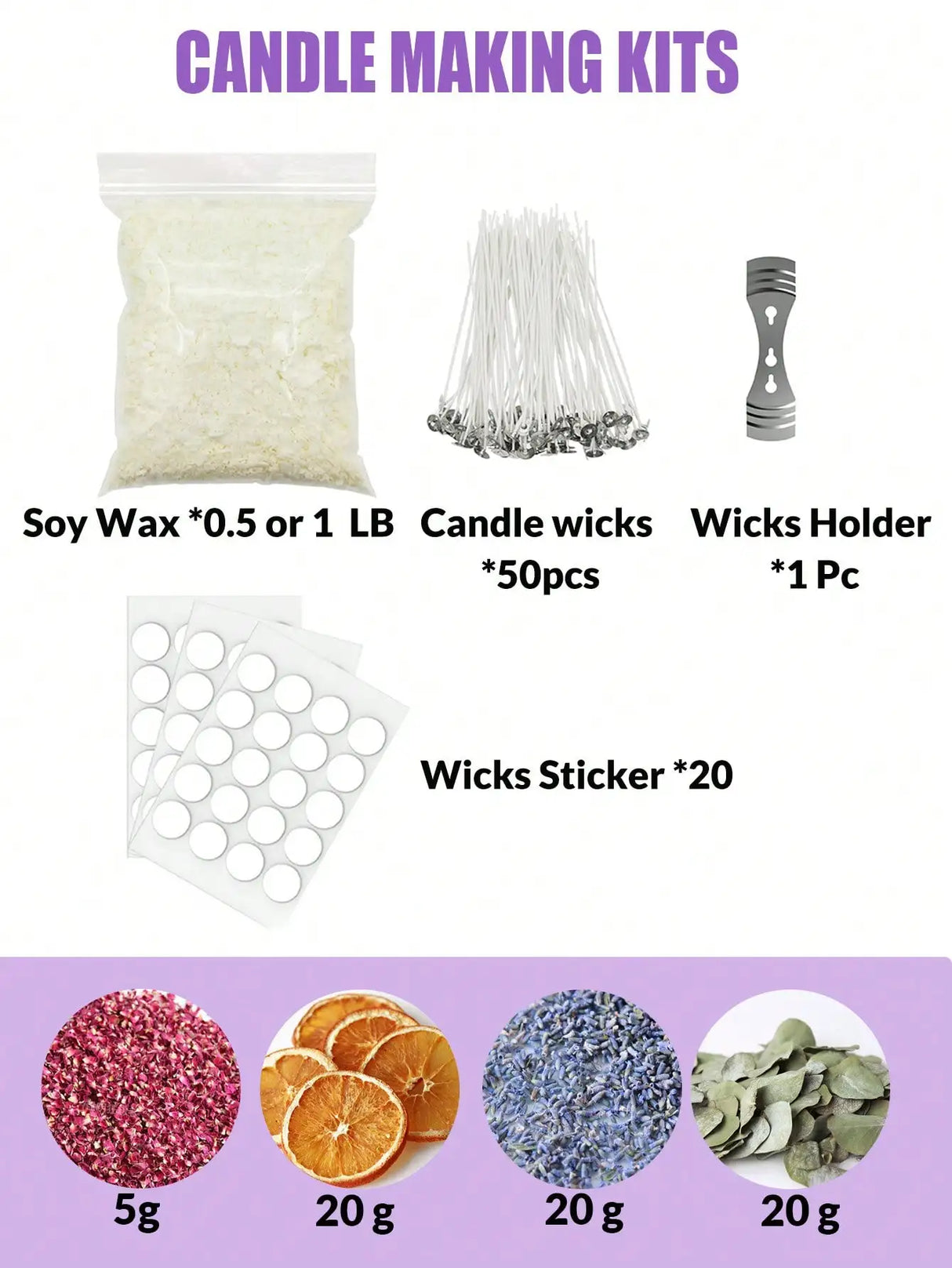 Kit para hacer velas de 0.5 lb, cera de soja, mechas y flores secas aromáticas.
