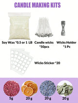 Kit para hacer velas de 0.5 lb, cera de soja, mechas y flores secas aromáticas.