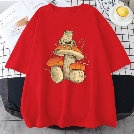 Cottagecore Aesthetic Mushroom Dark Academia Frog Funny T Shirt Men Casual Oversize Cotton Short Sleeve Street Hip Hop T-Shirts - Lootquake