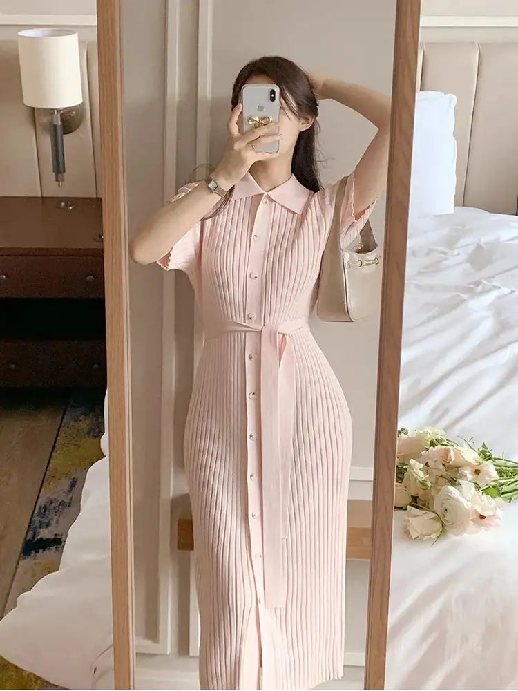 Elegant Summer Sweet Sle Turn-down Collar Single-button Thin Ice Silk Short-sleeve Knitted Long Dress Women's Fashion - Lootquake