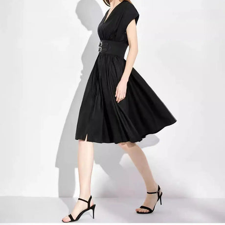 CHCH Women's Long Dress 2024 Summer New V-neck Sleeveless High Waist Slim Black Business Party Women's Wear - Lootquake