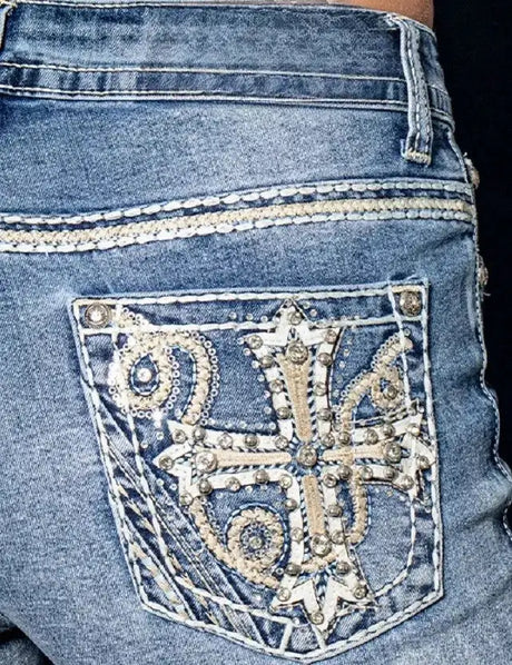 Y2K Retro Blue Slim Jeans Harajuku Hip Hop Rhinestone Cross Graphic Embroidered Jeans Gothic Low Waist Trousers Womens Clothing - Lootquake