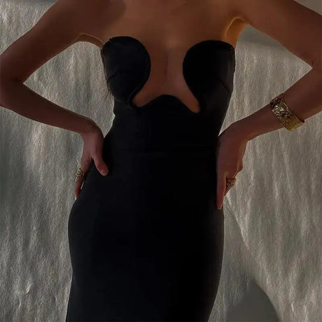 Women's Evening Dress Design Strapless Hollow Out Backless High Waist Side Slit Bodycon Sexy Women Party Club Long Dress - Lootquake