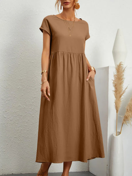 Women Elegant Solid Maxi Dress Summer Short Sleeve O Neck Vintage Harajuku Cotton Linen Loose Sundress Y2K Pockets Long Dress - Lootquake