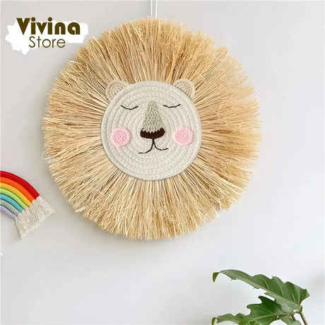 Nordic Hand Woven Lion Wall Hanging Ornaments Cartoon Animal Head Straw Weaving Children Room Wall Decor Tent Party Decoration - Lootquake