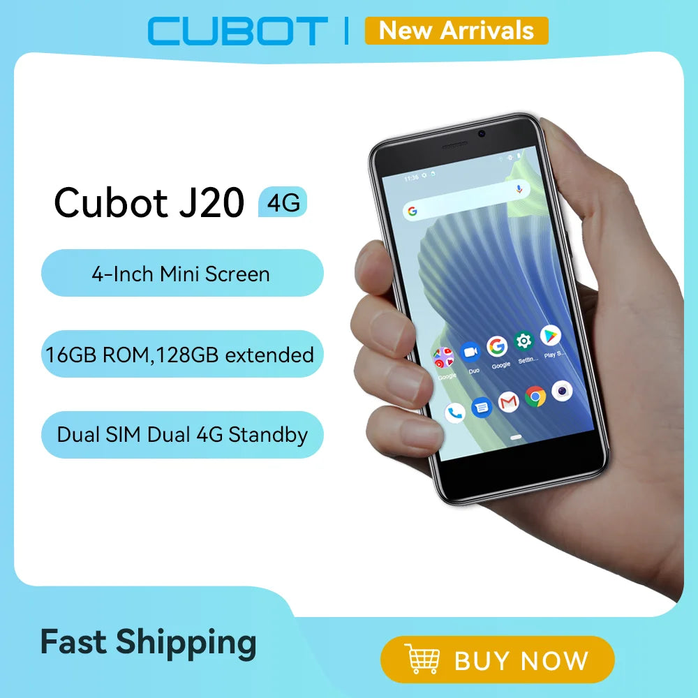Cubot J20, mini smartphone 4 pouces, ROM 16/32 Go (128 Go étendu), double SIM, double 4G, téléphones portables Android, 2350 mAh, GPS