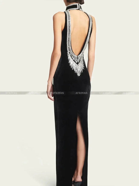 Women Heavy Rhinestone Bead Sexy Backless High Neck Waist Bag Hip Slimming Velvet Long Dress - Lootquake