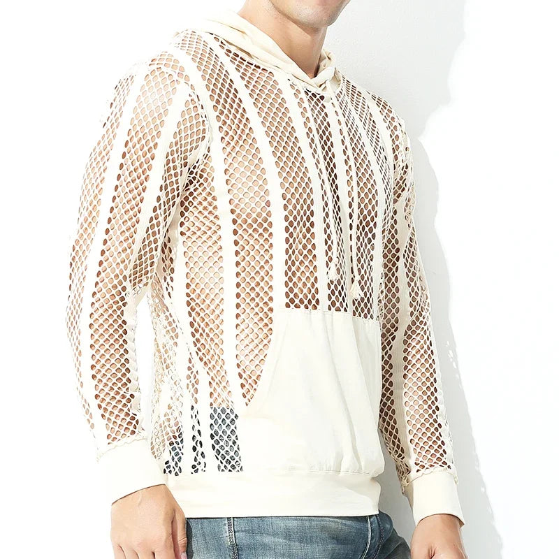 Men Mesh Shirt Transparent Long Sleeve Men Clothing Sexy Solid Party Nightclub Hooded Tops - Lootquake