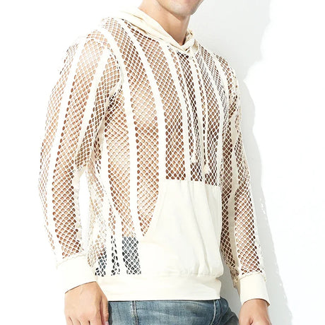 Men Mesh Shirt Transparent Long Sleeve Men Clothing Sexy Solid Party Nightclub Hooded Tops - Lootquake