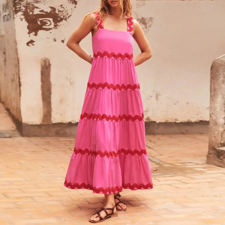 Spaghetti Strap Wave Striped Long Dress Women Square Neck Chic Contrast Sleeveless Beach Dress Flowy Large Swing Maxi Dress - Lootquake