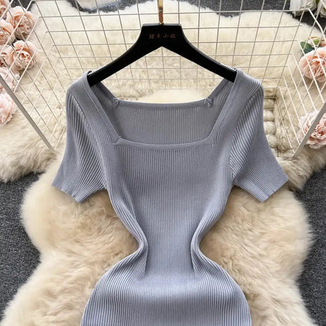 Green 2024 Sexy Summer Knit Short Sleeve Dress Women Squar Collar Waist Bodycon Sundress Female Beach  Backless Long Dress - Lootquake