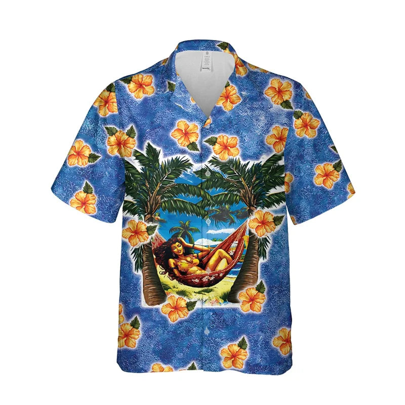 3D Print Hula Girl Graphic Beach Shirts For Men Casual Short Sleeve Hawaiian Dancer Blouses Aloha Beach Button Shirts Mens Tops - Lootquake