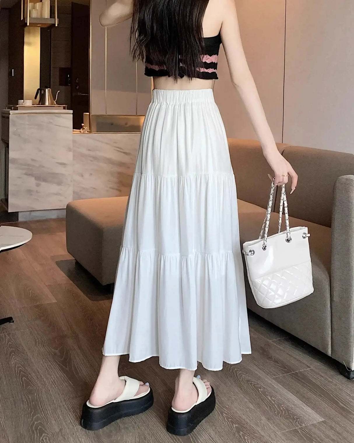 Spring 2024 New Women's Petite Black Umbrella Skirt High-waisted A- line White Dress Long Dress Drape Sense - Lootquake
