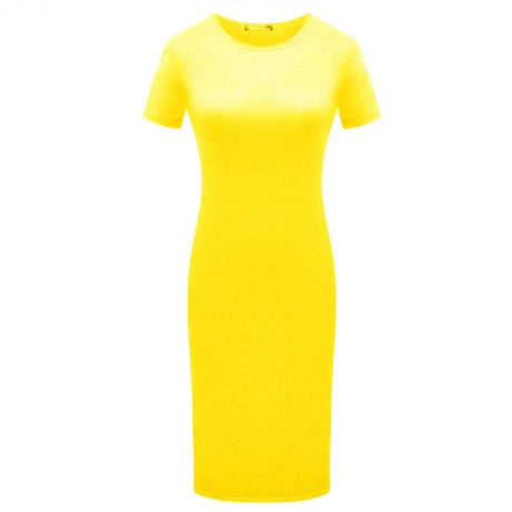 652F Women Summer Short Sleeve Plain Slim Fitted Knee Length Package Hip Long Dress - Lootquake