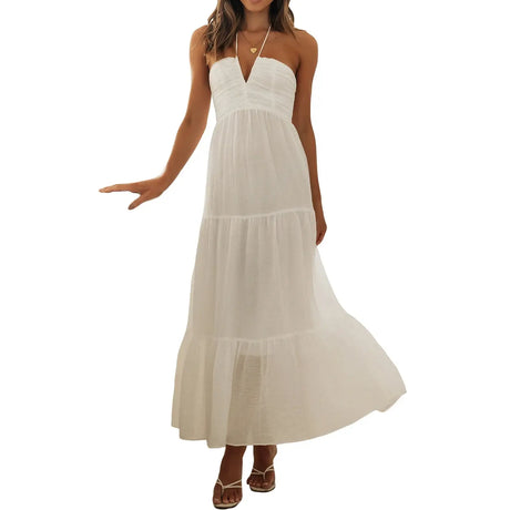 Women Low Cut Backless Maxi Dresses Elegant Spaghetti Strap Tiered Long Dress Relax Fit Open Back Cutout Flowy Sundress - Lootquake