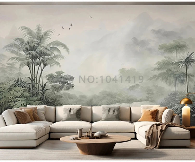 Tropical Green Plants Coconut Trees Distant Mountain Birds 3D Mural Wallpaper Restaurant Clubs KTV Bar Modern Personality Murals