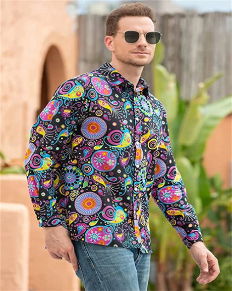 Fashionable Men's 70s Disco Shirts Casual Shirts Floral Vintage Long Sleeve Shirts Button Lapel Cardigan Mens Oversized Shirts - Lootquake