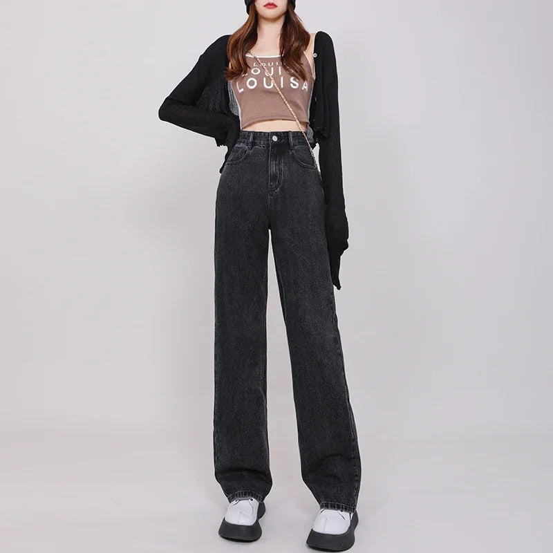ZOENOVA High Waisted Jeans Y2K Fashion Women Clothing Blue Black Straight Leg Denim Pants Trousers Mom Jean Baggy Trousers Tall - Lootquake