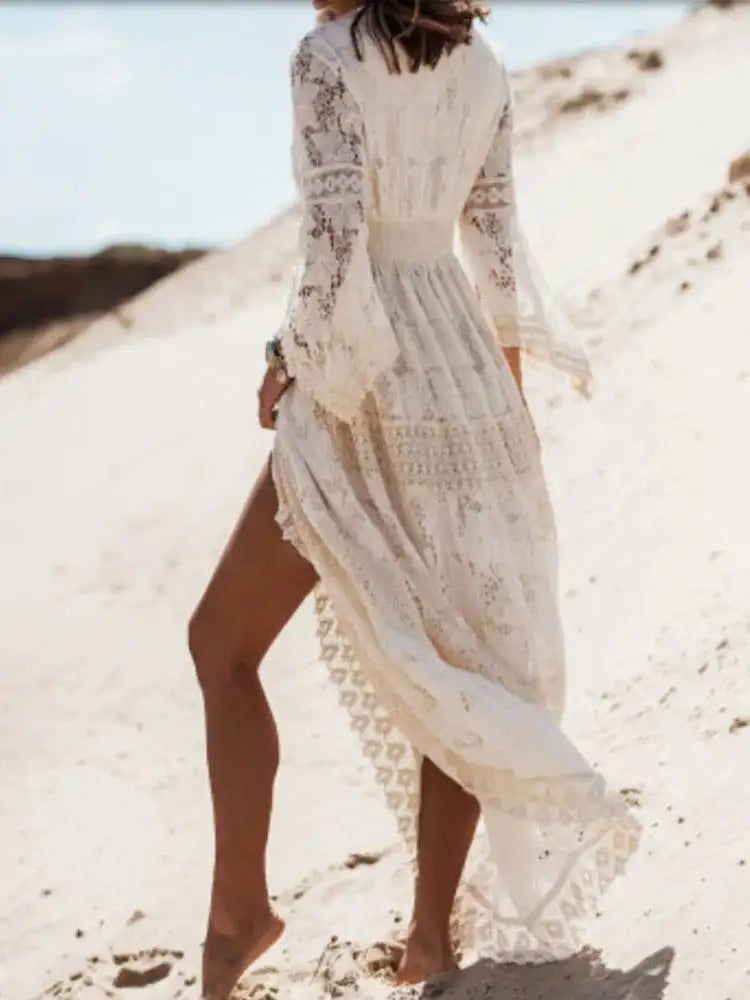Boho Long Dress Women Summer Lace V Neck Flare Sleeve Sexy Maxi Dress Lady Holiday Party Beach Wedding Dresses Vestidos De Mujer - Lootquake