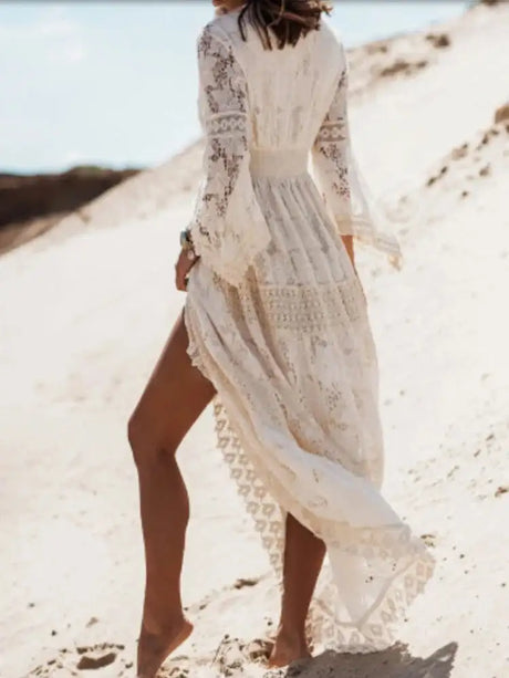 Boho Long Dress Women Summer Lace V Neck Flare Sleeve Sexy Maxi Dress Lady Holiday Party Beach Wedding Dresses Vestidos De Mujer - Lootquake